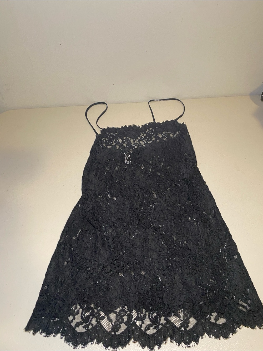 Calvin Klein Black Lace Chemise Slip with Scalloped Hem